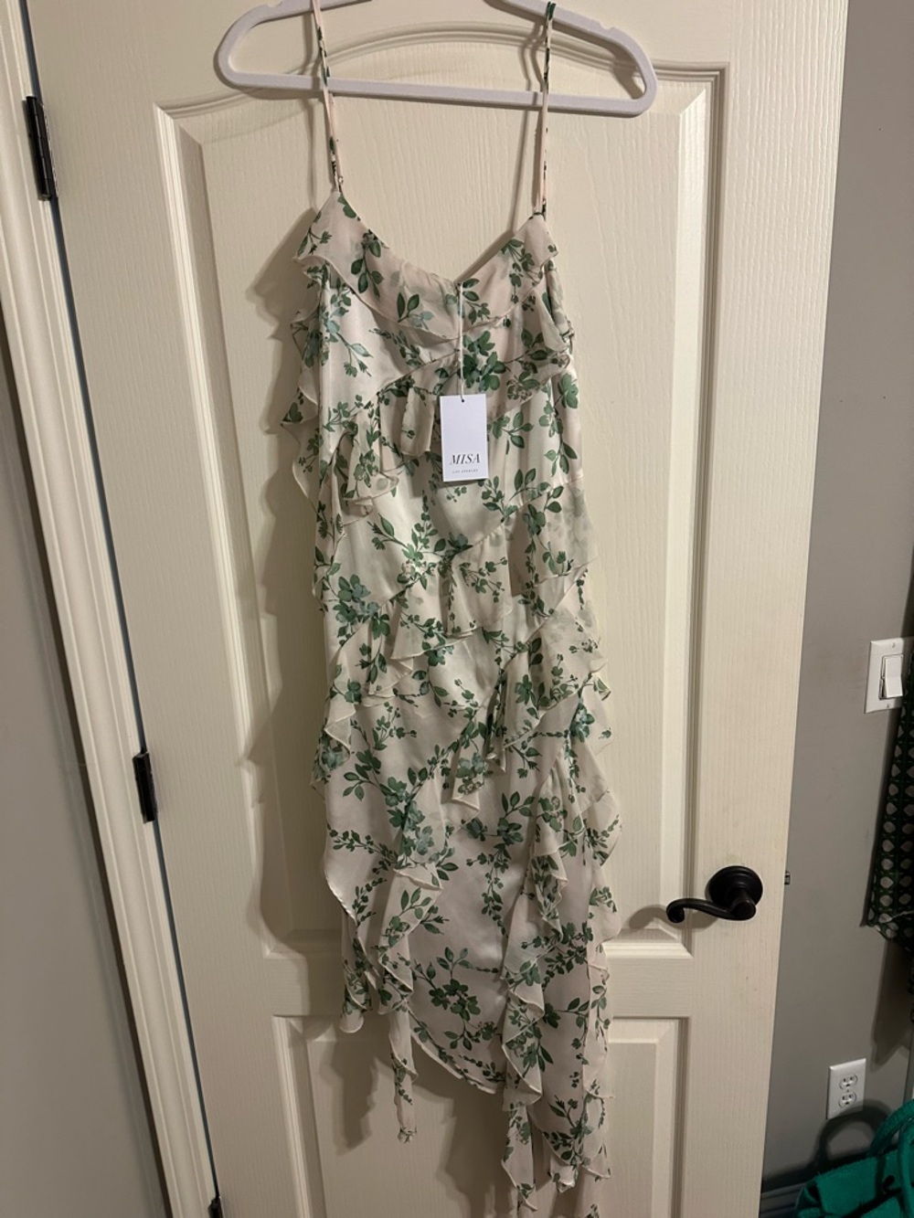 Misa Los Angeles Cream Slip Dress with Green Leaf Print
